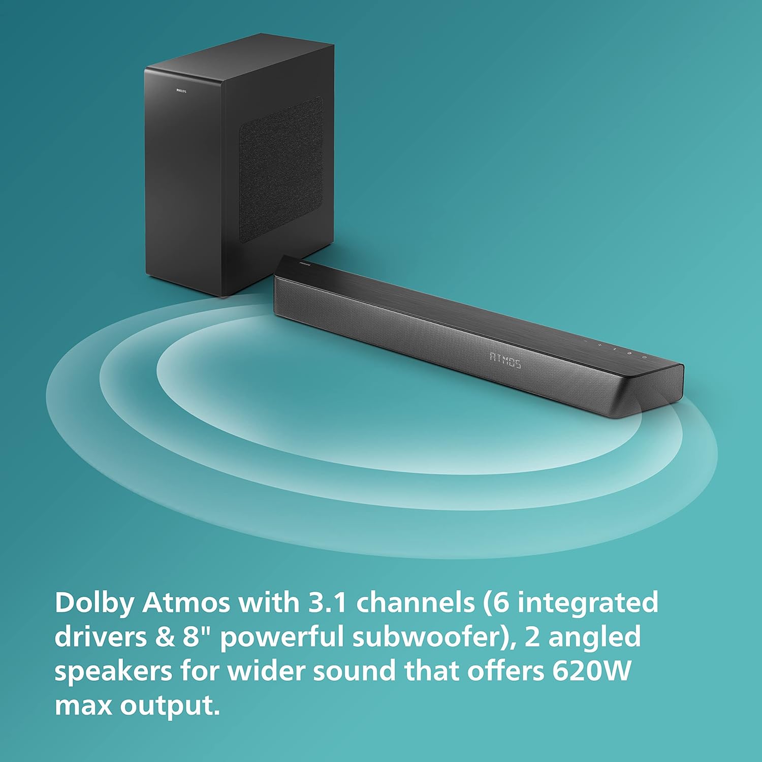 PHILIPS Audio TAB7807 3.1CH Soundbar with Dolby Atmos - 620W, Wireless Subwoofer, HDMI eARC, and Bluetooth Connectivity