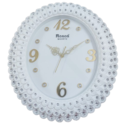 Roxon Quartz Decorative Wall Clock – White & Gold, 12 Inches, Crystal Design